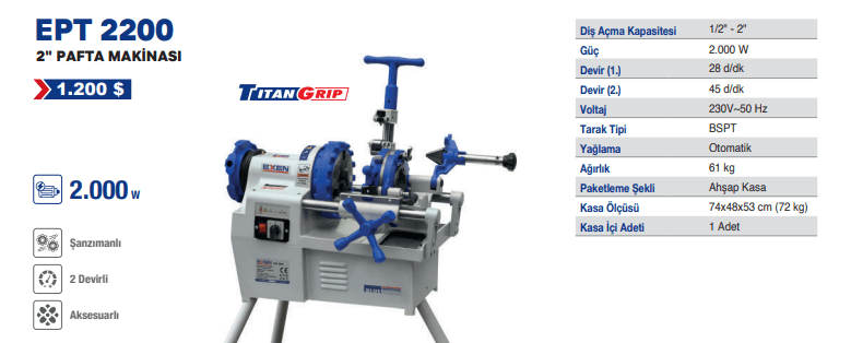 EXEN EPT 2300 1/2 - 3" 2000W Tezgah Tipi Pafta Makinası